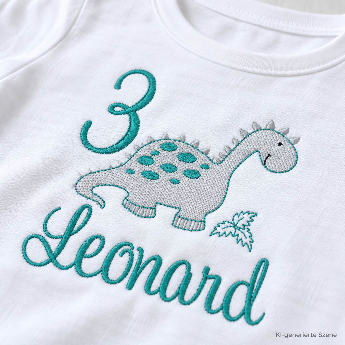 Detailaufnahme der Dino Stickerei mit Name Leonard und Zahl 3 auf weißem Geburtstagsshirt