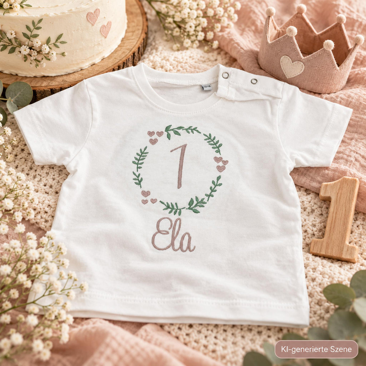 Personalisiertes Geburtstagsshirt für Mädchen mit Blätterkranz, Herzen, Zahl 1 und Name Ela in einer liebevollen Dekoration zum ersten Geburtstag.