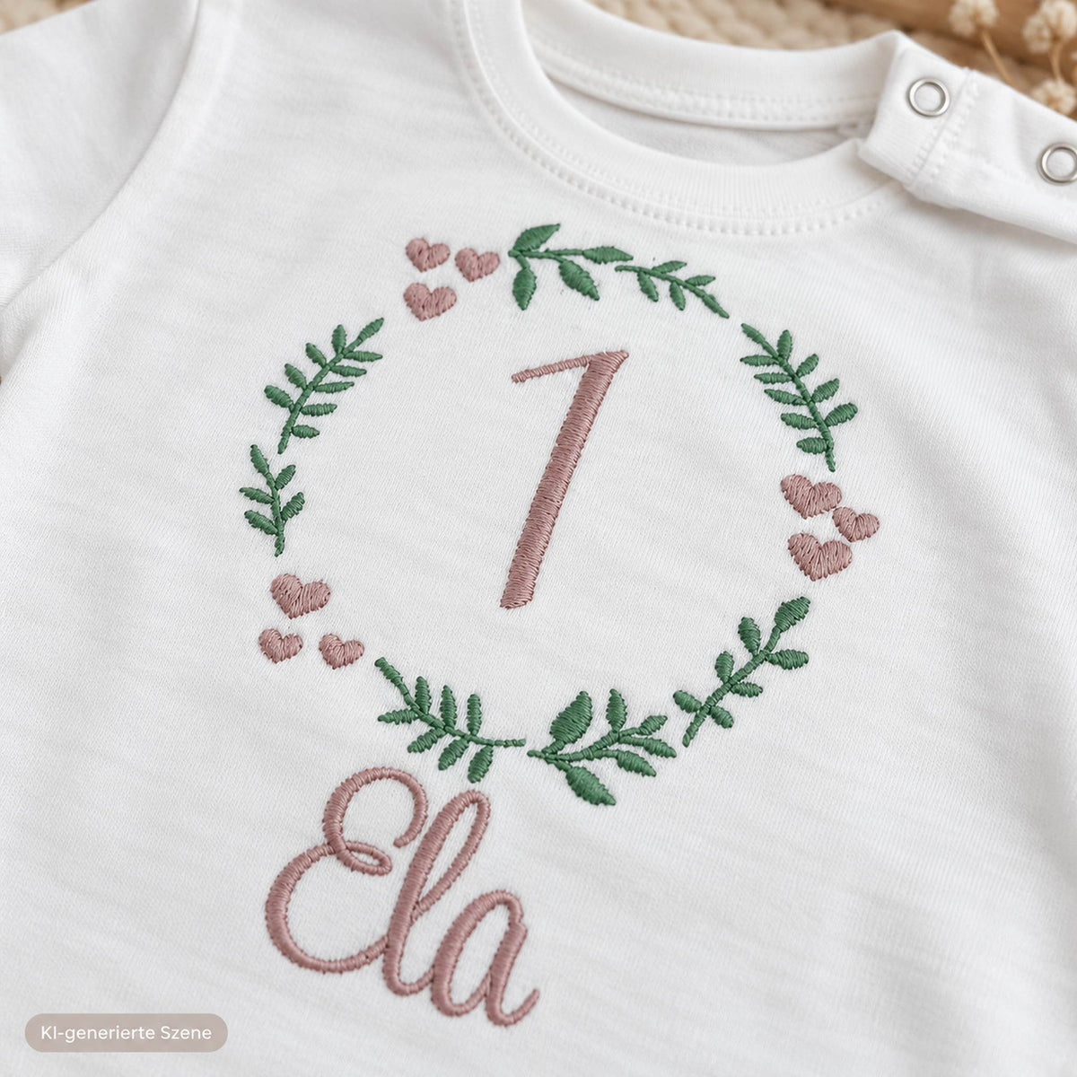 Detailaufnahme der Stickerei mit grünem Blätterkranz, rosa Herzen, Zahl 1 und Name Ela auf weißem Geburtstagsshirt.
