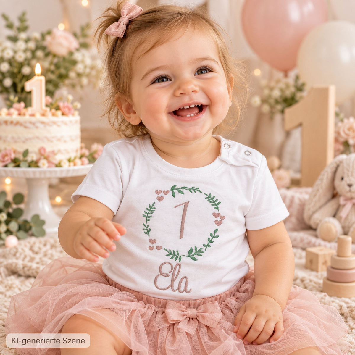 Einjähriges Mädchen trägt weißes Geburtstagsshirt mit Blätterkranz, rosa Herzen, Zahl 1 und personalisiertem Namen Ela.