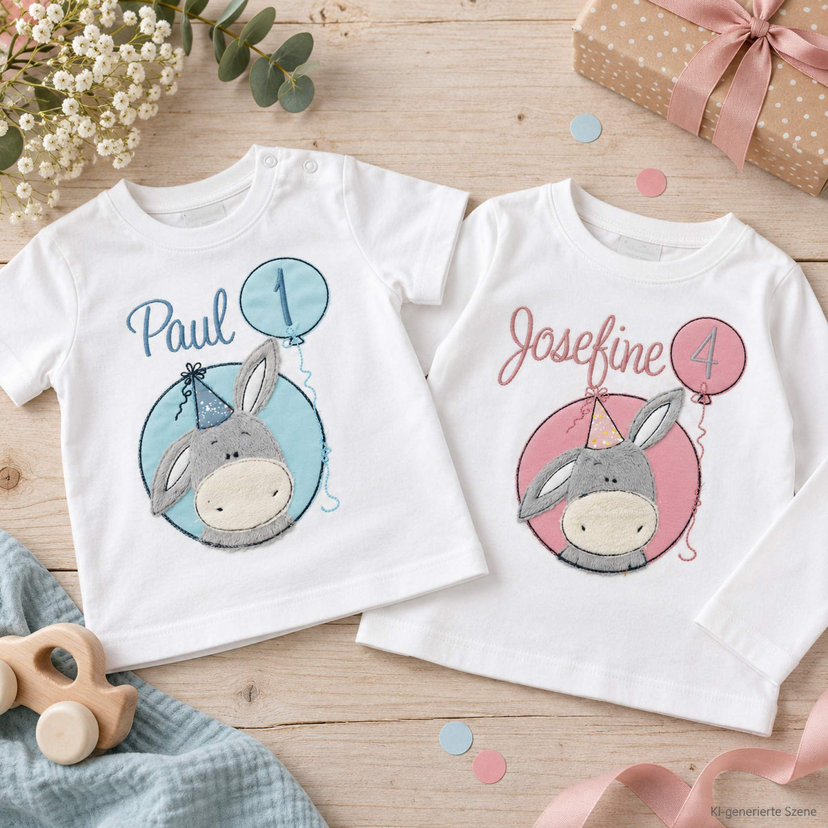 Zwei personalisierte Geburtstagsshirts mit Eselmotiv auf hellem Holzuntergrund – links ein weißes Kurzarmshirt für Paul mit blauer Zahl 1, rechts ein weißes Langarmshirt für Josefine mit rosa Zahl 4.