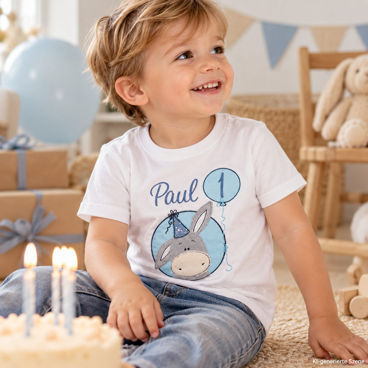 Junge trägt personalisiertes Geburtstagsshirt mit Esel, Name Paul und Zahl 1 in heller Geburtstagsszene