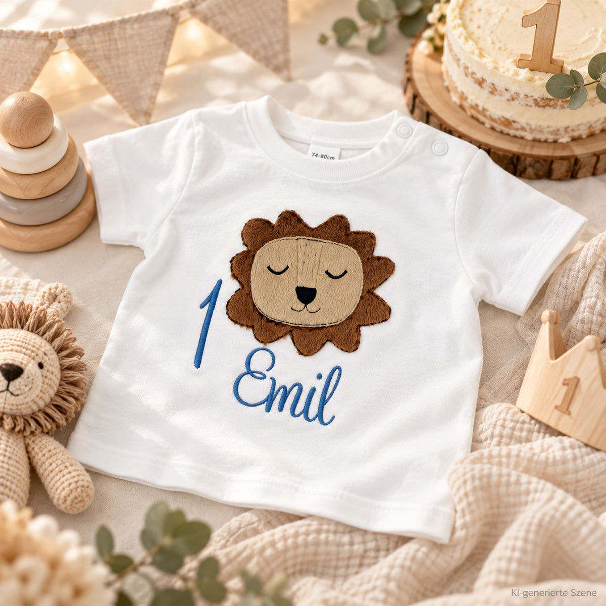Personalisiertes Geburtstagsshirt für Jungen zum 1. Geburtstag mit Löwenmotiv, Zahl 1 und Name Emil in einer liebevollen Geburtstagsdekoration.
