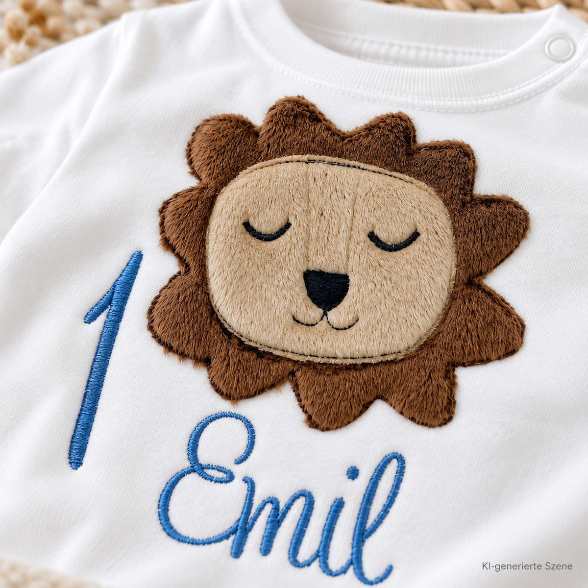 Detailaufnahme der Löwen-Applikation und Stickerei mit Zahl 1 und Name Emil auf einem weißen Geburtstagsshirt.