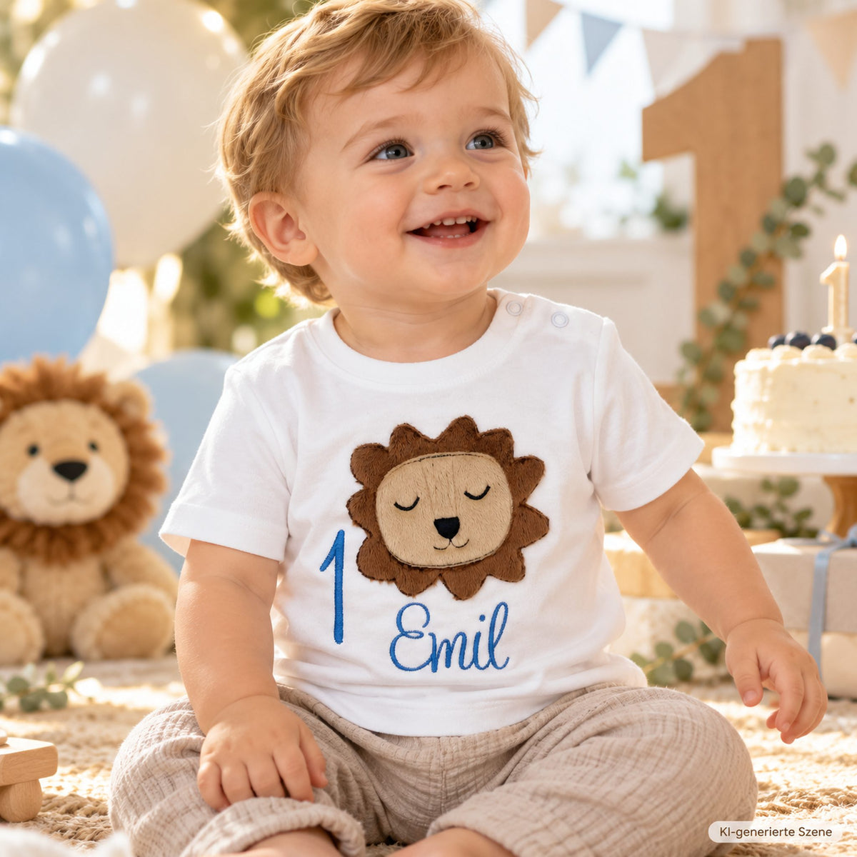 Einjähriger Junge trägt weißes Geburtstagsshirt mit Löwe, blauer Zahl 1 und personalisiertem Namen Emil.