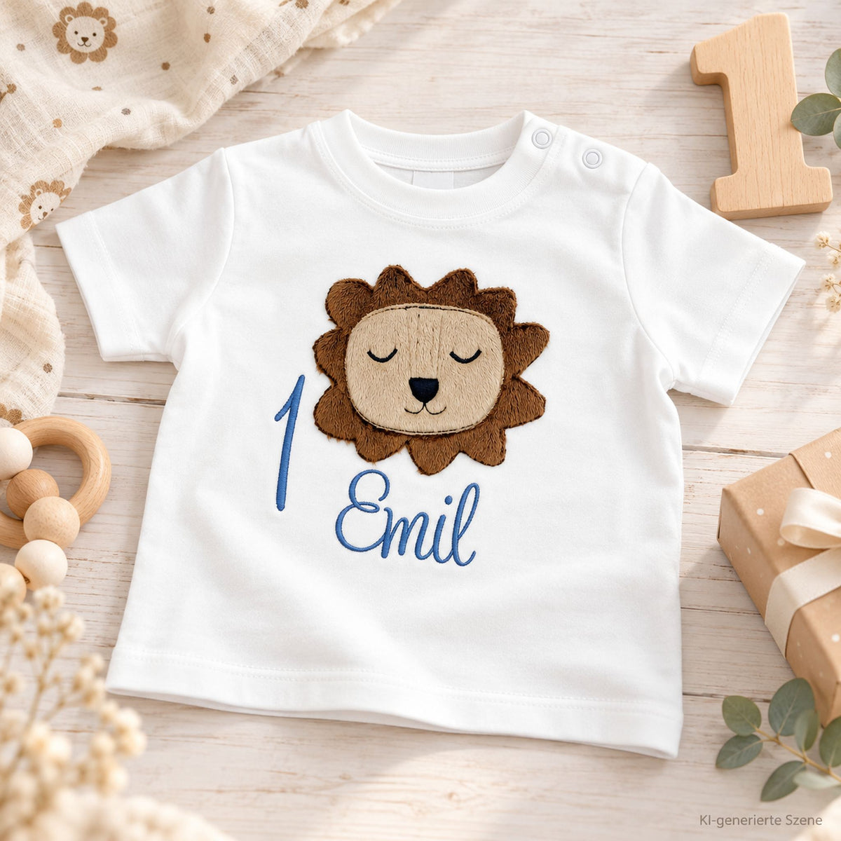 Personalisiertes Geburtstagsshirt zum 1. Geburtstag mit Löwen-Applikation, blauer Zahl 1 und Name Emil bestickt.
