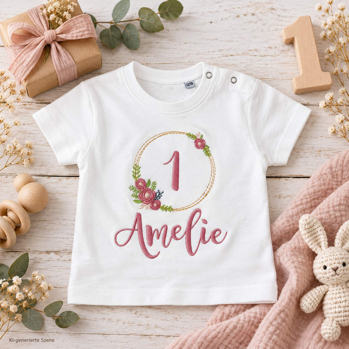 Personalisiertes Geburtstagsshirt für Mädchen zum 1. Geburtstag mit Blumenkranz, Zahl 1 und Name Amelie bestickt.