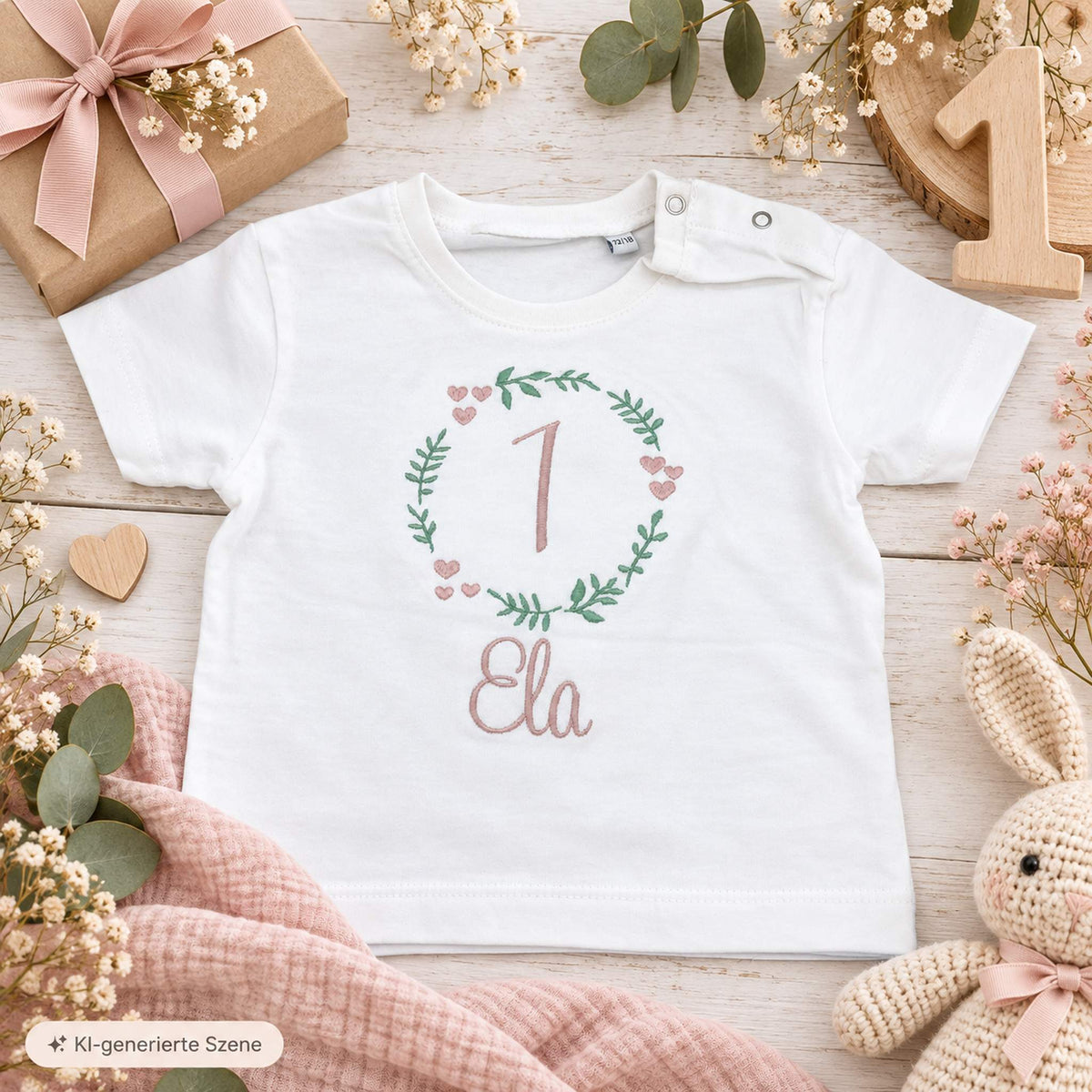 Personalisiertes Geburtstagsshirt für Mädchen zum 1. Geburtstag mit grünem Blätterkranz, rosa Herzen, Zahl 1 und Name Ela bestickt.