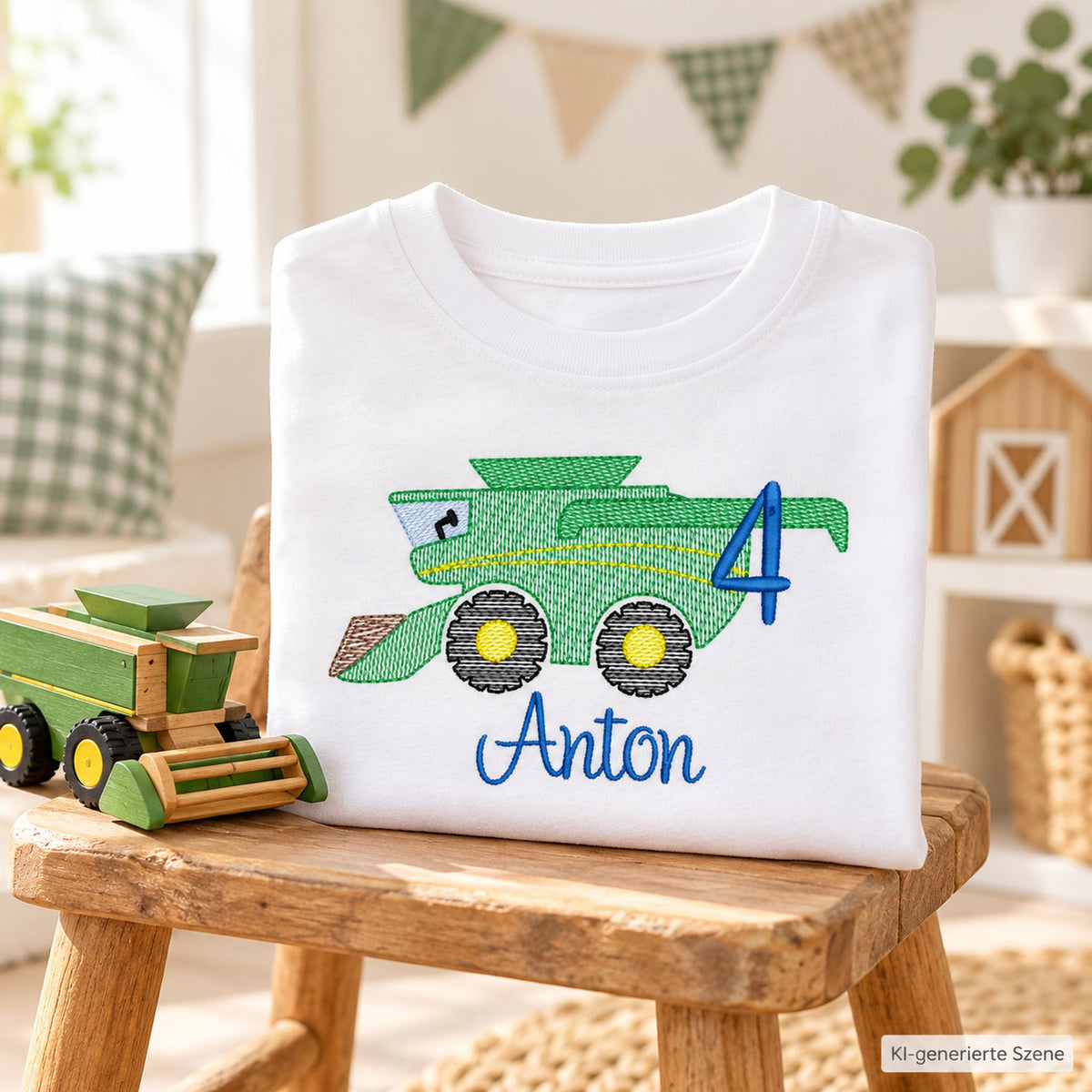 Personalisiertes Mähdrescher Geburtstagsshirt mit Zahl 4 und Name Anton in passender Bauernhof-Szene