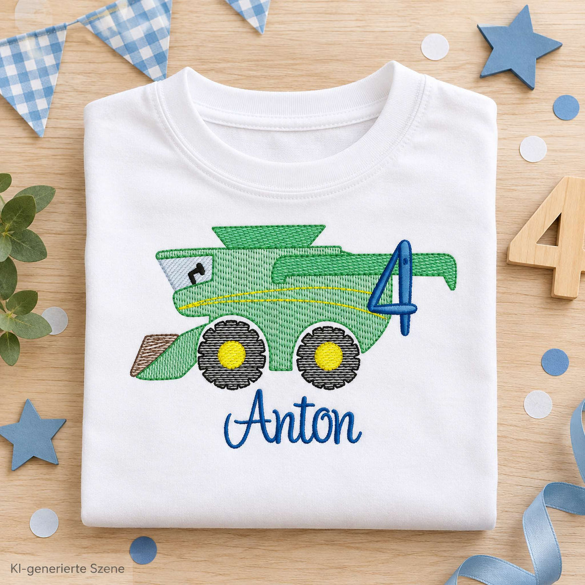 Personalisiertes Geburtstagsshirt für Jungen mit grünem Mähdrescher, Zahl 4 und Name Anton