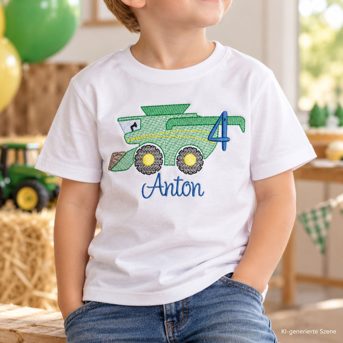 Junge trägt personalisiertes Geburtstagsshirt mit grünem Mähdrescher, Zahl 4 und Name Anton