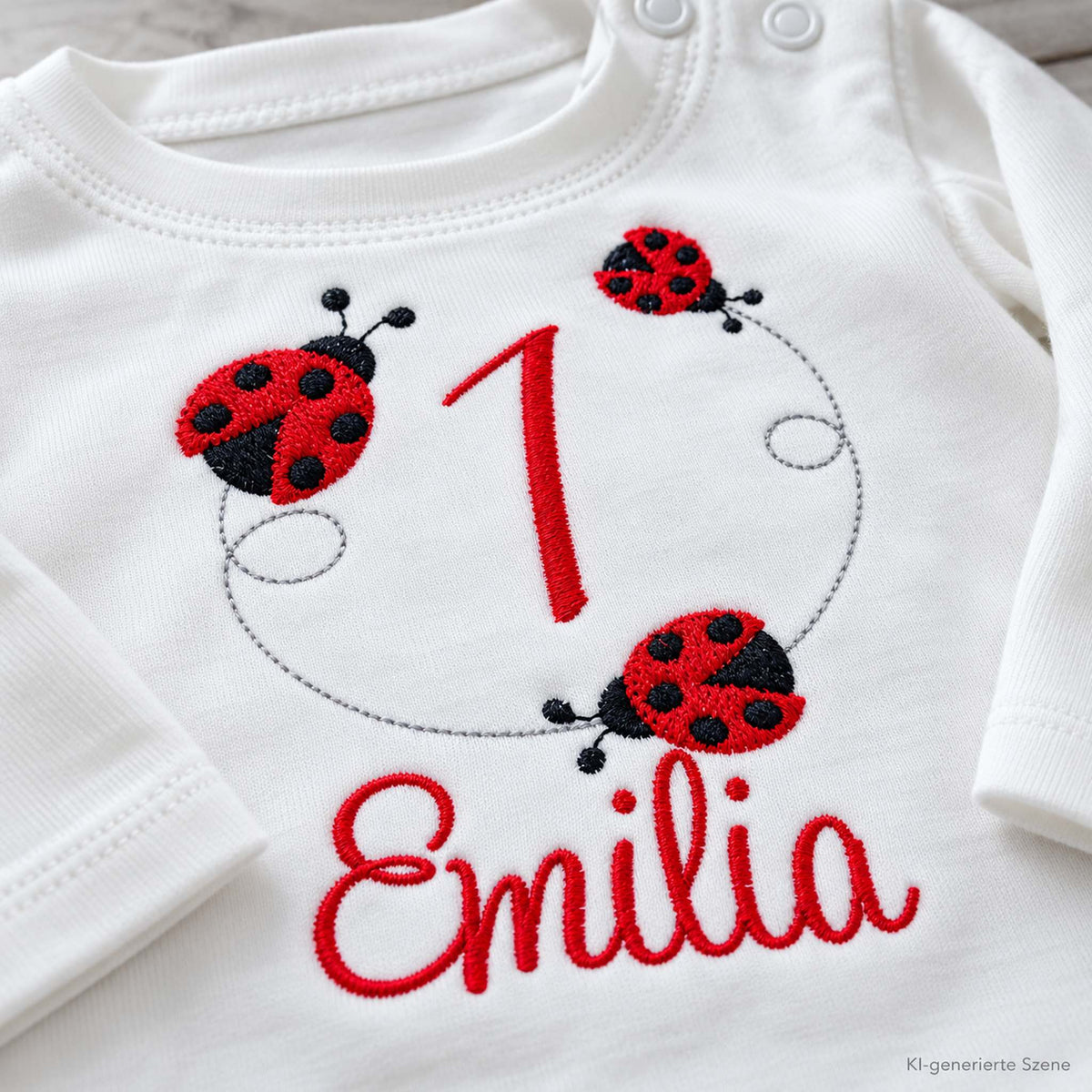 Detailaufnahme der Stickerei mit Marienkäfern, Zahl 1 und Name Emilia auf weißem Geburtstagsshirt