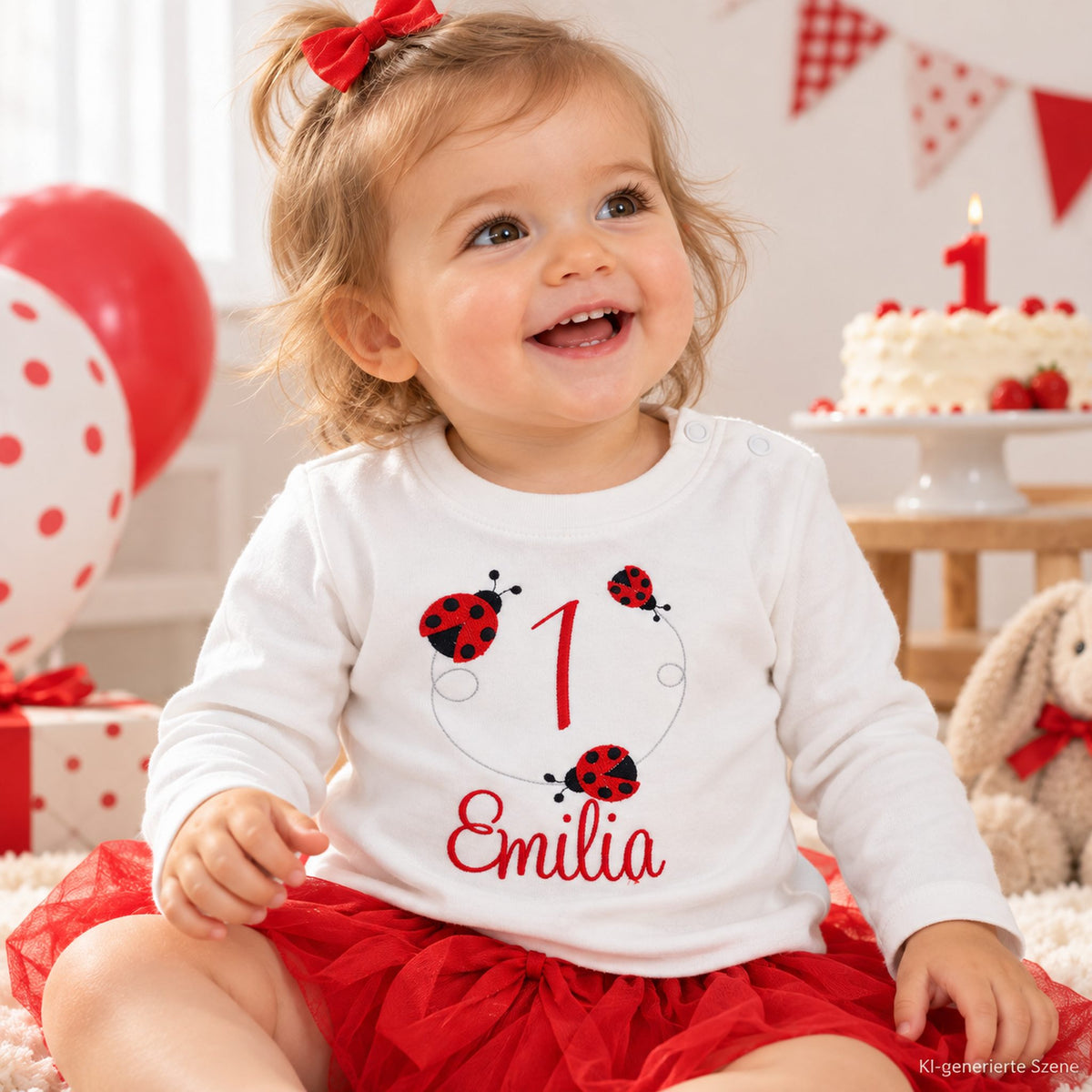 Mädchen trägt personalisiertes Geburtstagsshirt mit Marienkäfern, Name Emilia und Zahl 1