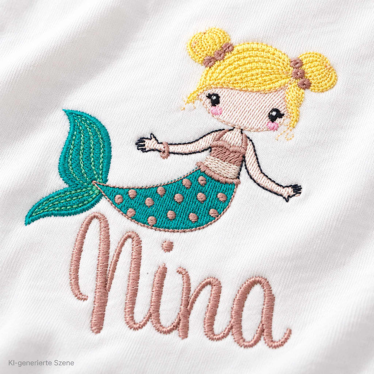 Detailaufnahme der Meerjungfrau-Stickerei mit Name Nina auf weißem Geburtstagsshirt