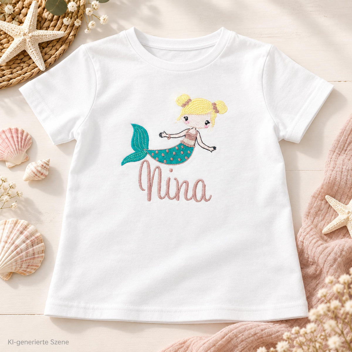 Personalisiertes Geburtstagsshirt für Mädchen mit bestickter Meerjungfrau und Name Nina