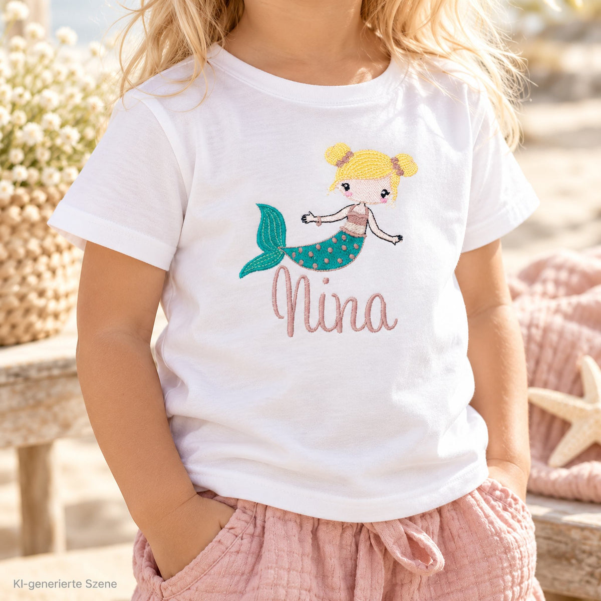 Mädchen trägt personalisiertes Geburtstagsshirt mit Meerjungfrau und Name Nina