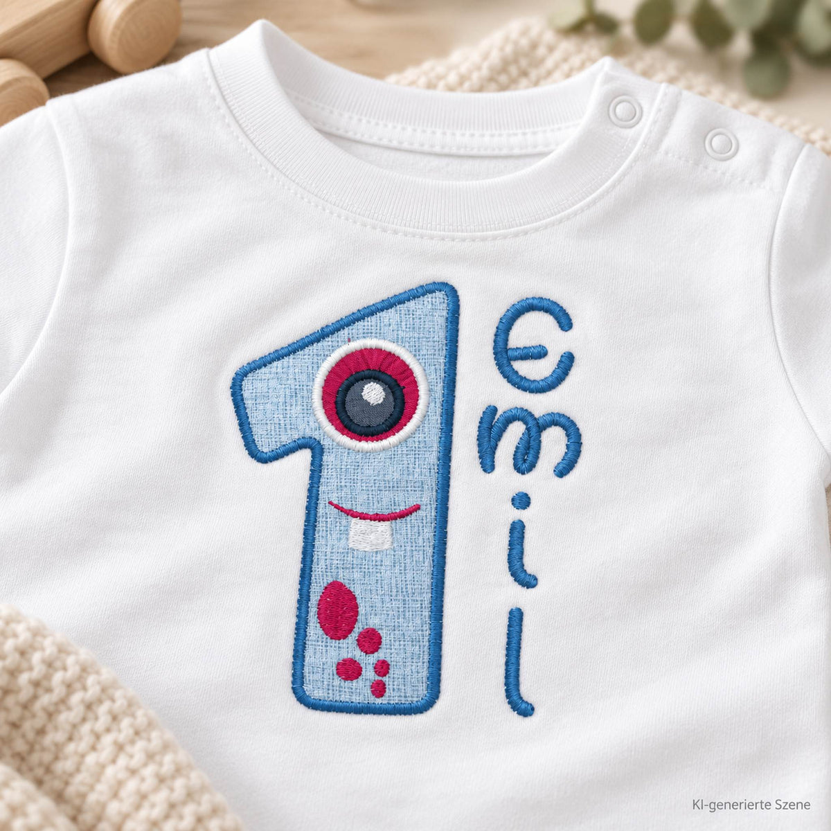 Detailaufnahme der Stickerei mit Monsterzahl 1 und Name Emil auf weißem Geburtstagsshirt