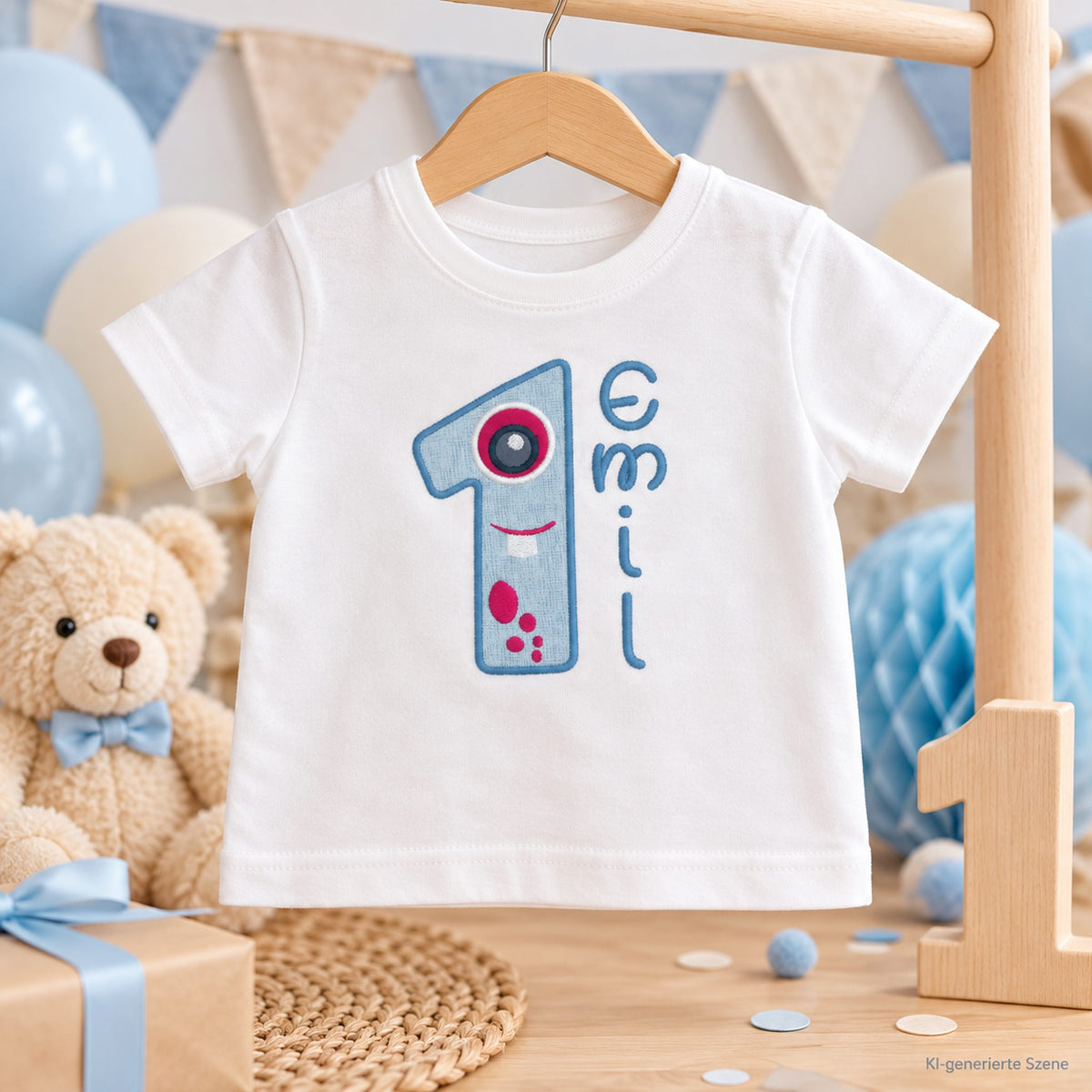 Personalisiertes Geburtstagsshirt mit Monsterzahl 1 und Name Emil als Geschenk zum ersten Geburtstag
