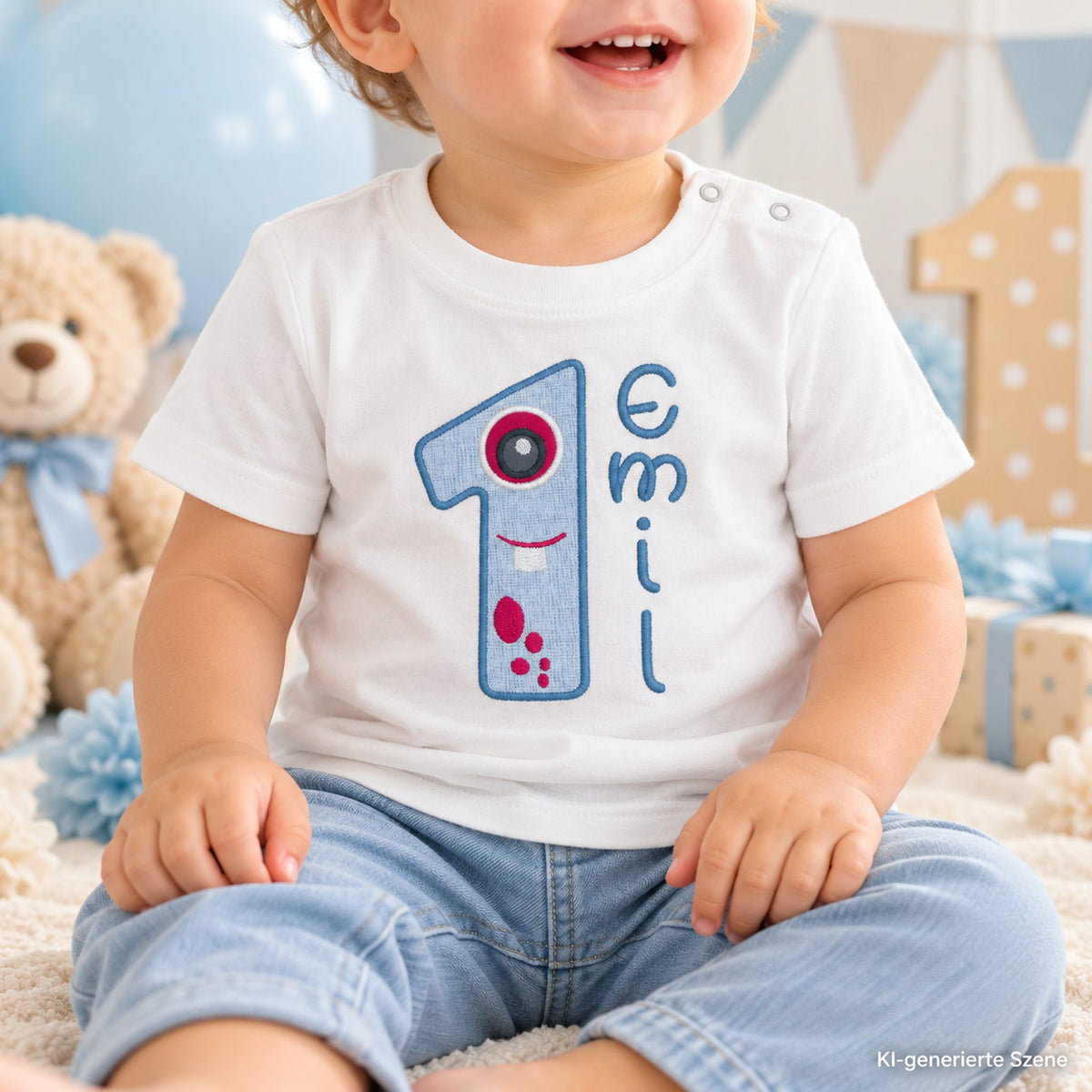 Kind trägt personalisiertes Geburtstagsshirt mit Monsterzahl 1 und Name Emil zum ersten Geburtstag