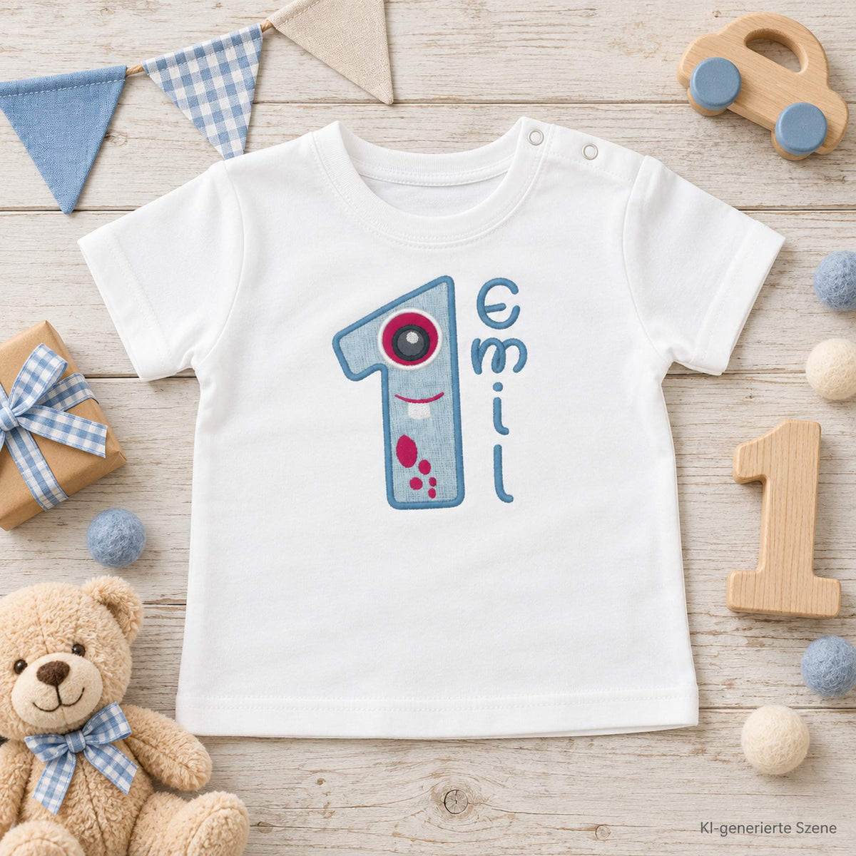Personalisiertes Geburtstagsshirt zum 1. Geburtstag mit Monsterzahl 1 und Name Emil