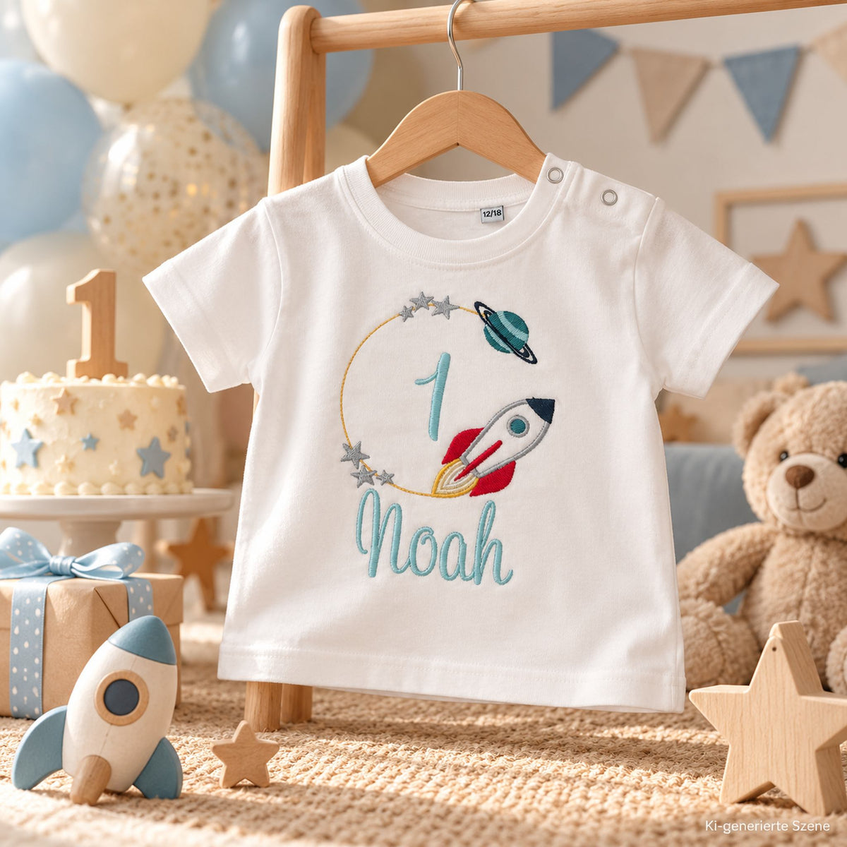 Weißes Geburtstagsshirt zum 1. Geburtstag mit Rakete, Zahl 1 und Name Noah, natürlich präsentiert mit passender Geburtstagsdeko, Geschenk und Kuscheltier.