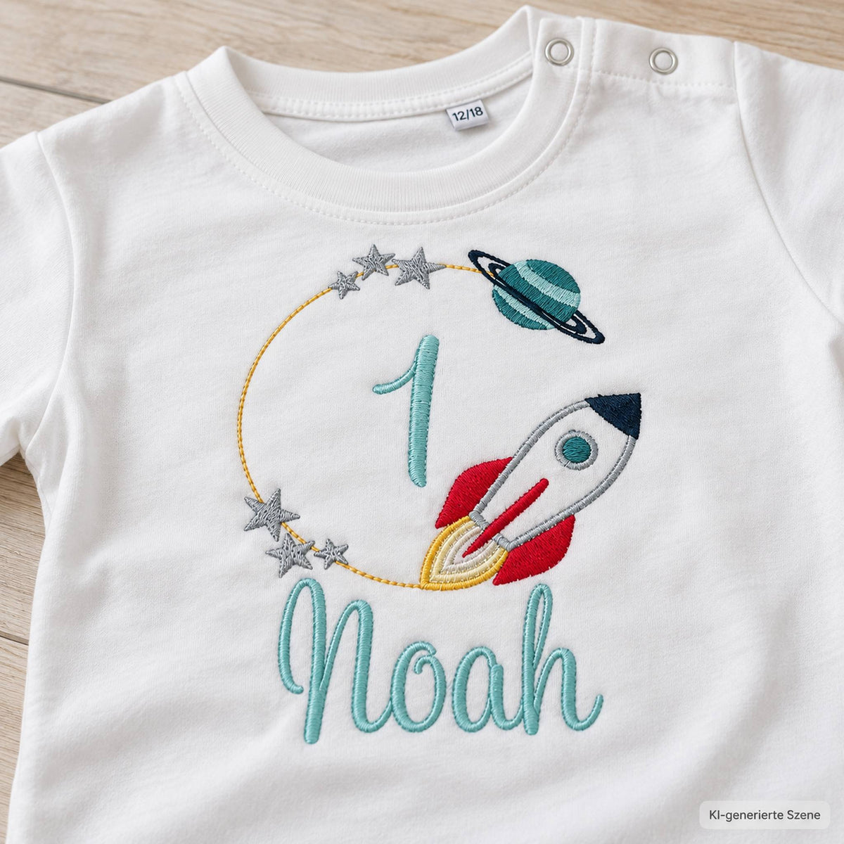 Detailansicht eines weißen Geburtstagsshirts zum 1. Geburtstag mit bestickter Rakete, Zahl 1, Planet, Sternen und Name Noah