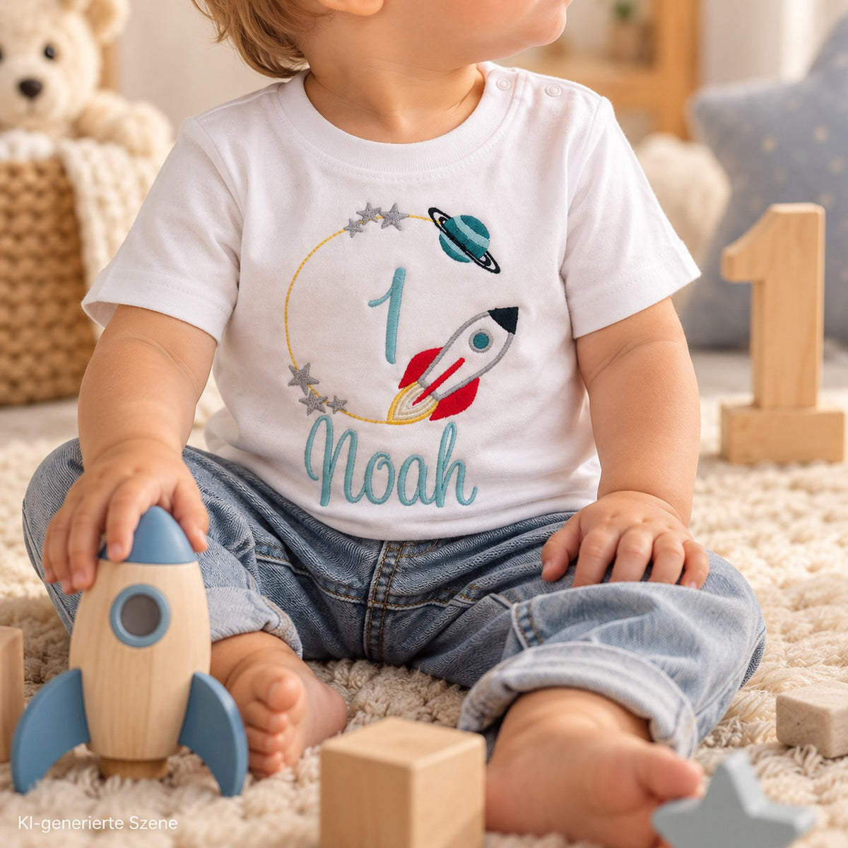 Junge ca. 1 Jahr trägt weißes Geburtstagsshirt mit Rakete, Zahl 1 und Name Noah in einer hellen Geburtstags-Szene.