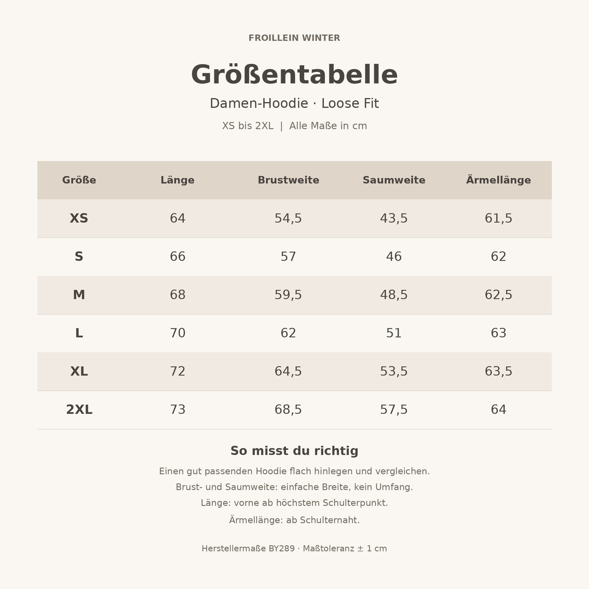 Größentabelle für den Damen-Hoodie im Loose Fit von XS bis 2XL mit Länge, Brustweite, Saumweite und Ärmellänge in Zentimetern sowie Hinweisen zum richtigen Messen.