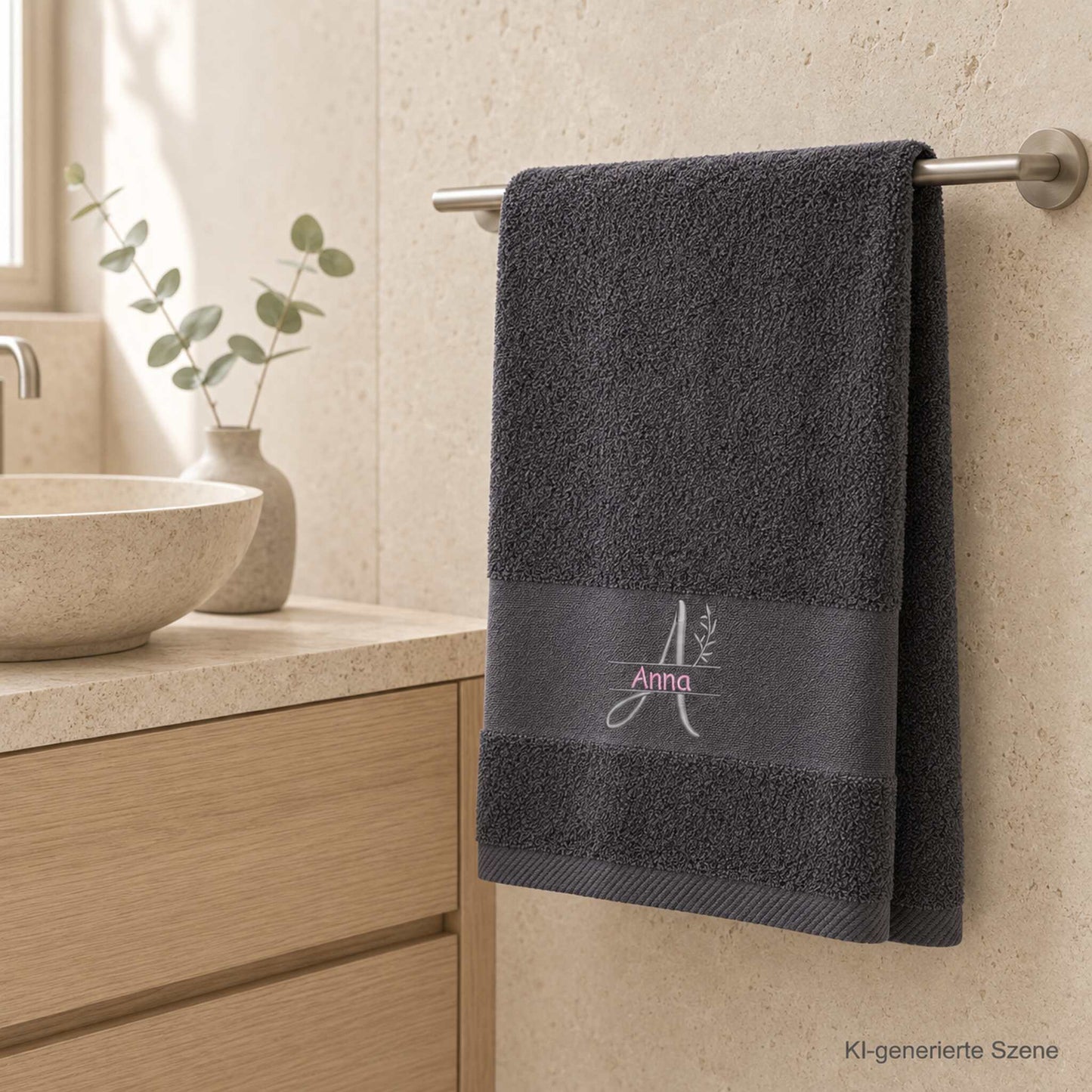 Handtuch mit Namen Anna und Monogramm bestickt in Anthrazit in einem modernen Badezimmer