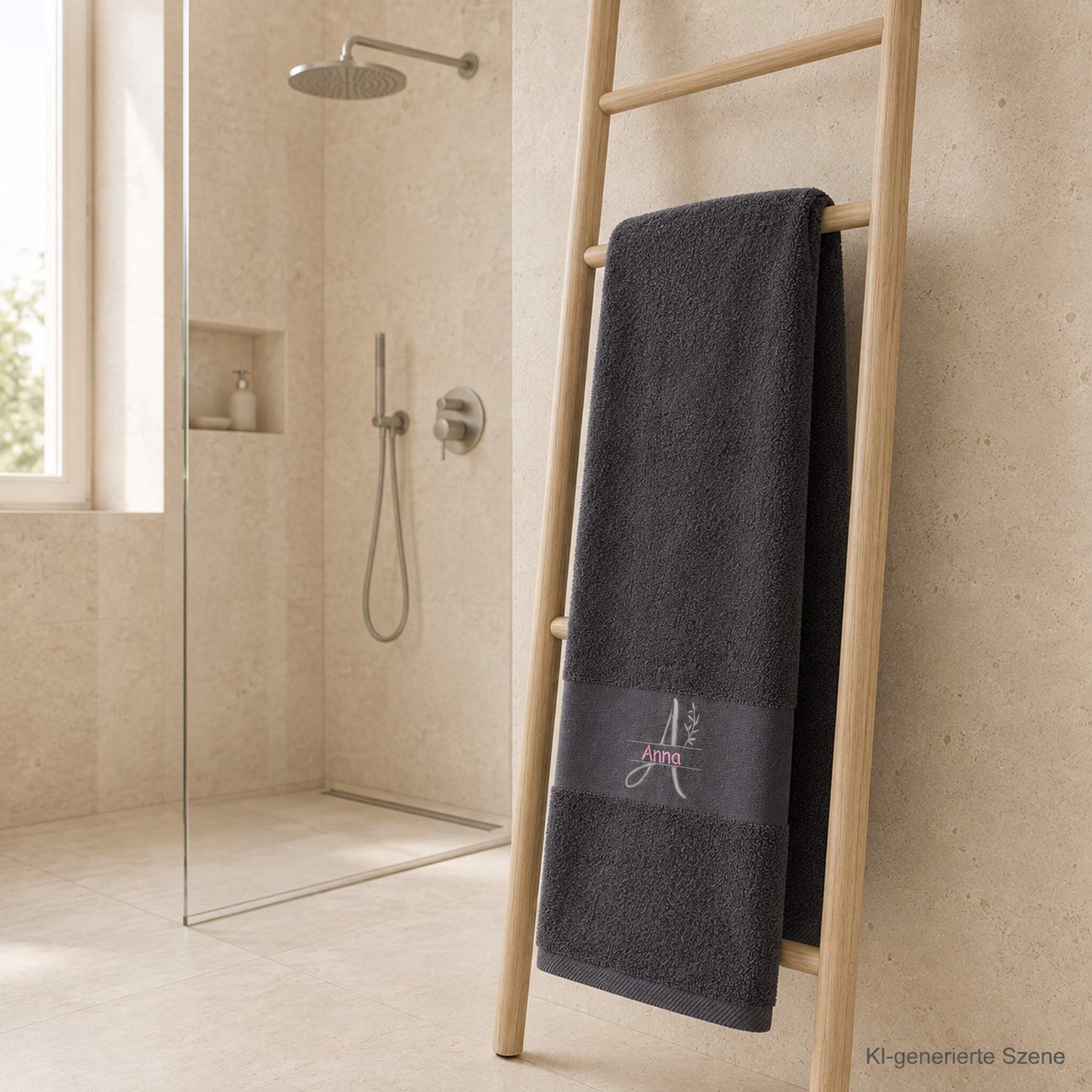 Besticktes Handtuch in Anthrazit mit personalisiertem Monogramm und Name Anna