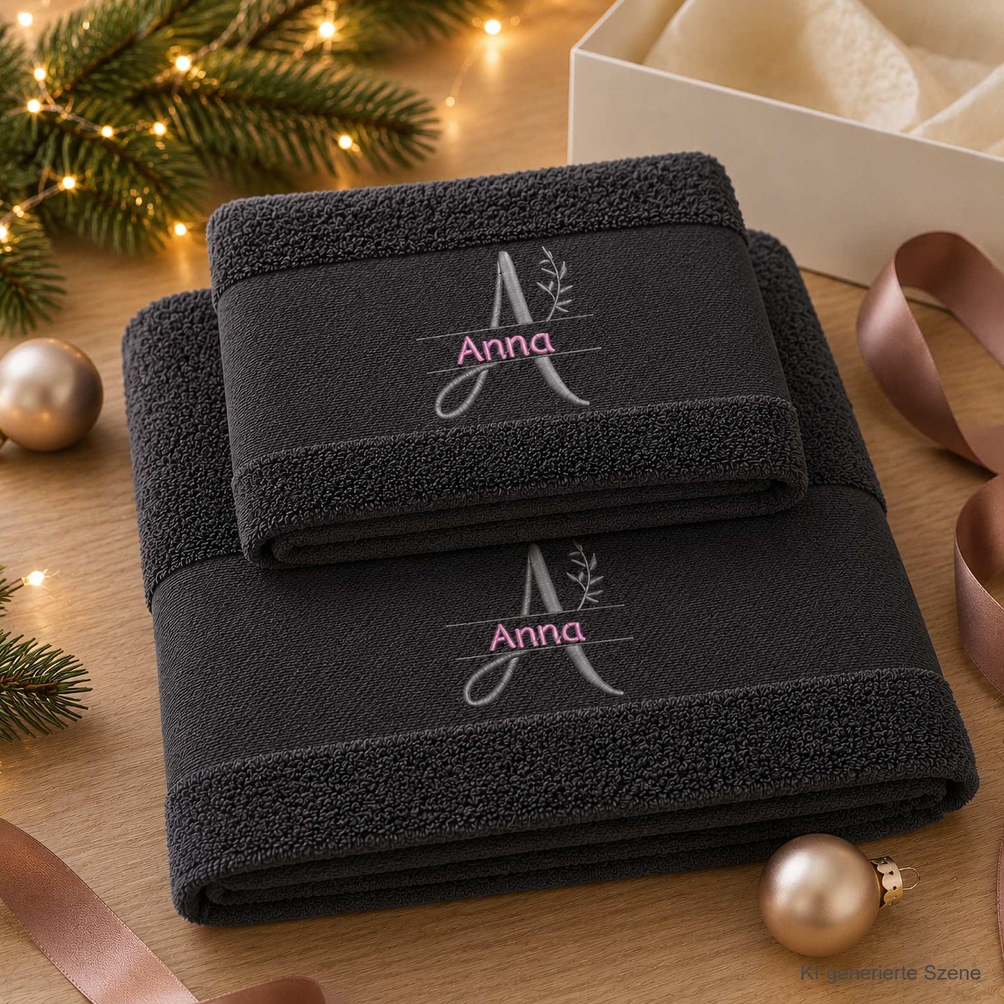 Personalisiertes Handtuch-Set in Anthrazit mit Monogramm und Name Anna – Handtuch und Duschtuch