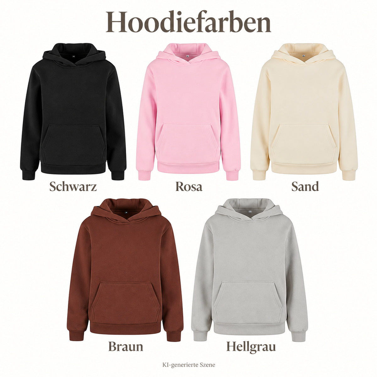 Farbübersicht der Damen-Hoodies mit Kapuze und Kängurutasche in Schwarz, Rosa, Sand, Braun und Hellgrau, jeweils mit Farbbezeichnung.