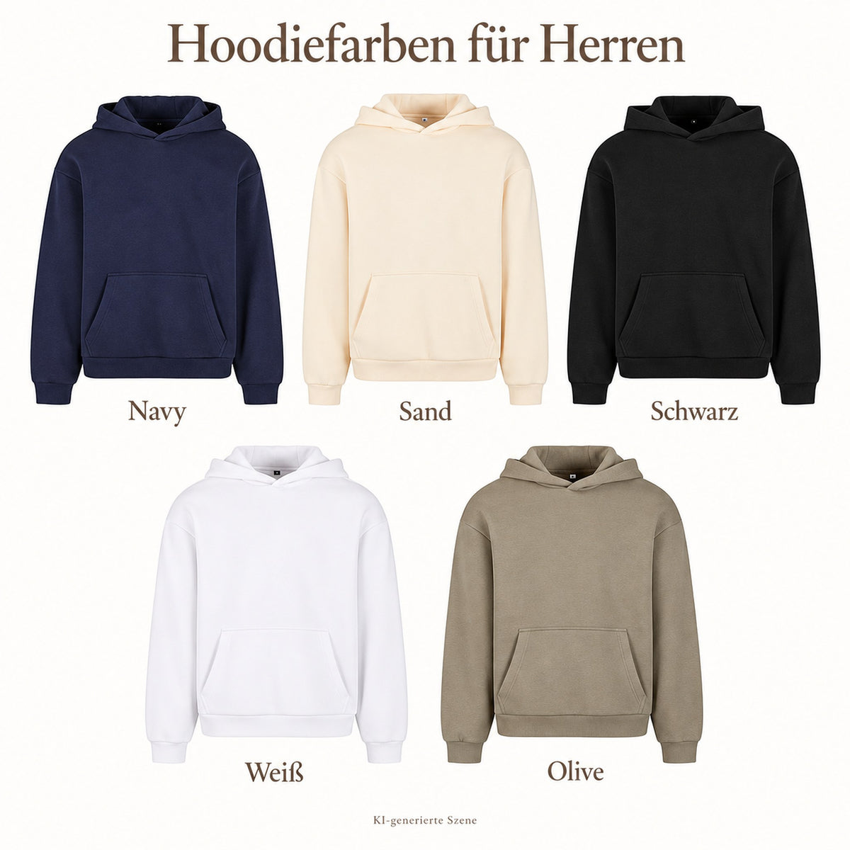 Farbübersicht der Herren-Hoodies mit Kapuze und Kängurutasche in Navy, Sand, Schwarz, Weiß und Olive, jeweils mit Farbbeschriftung.