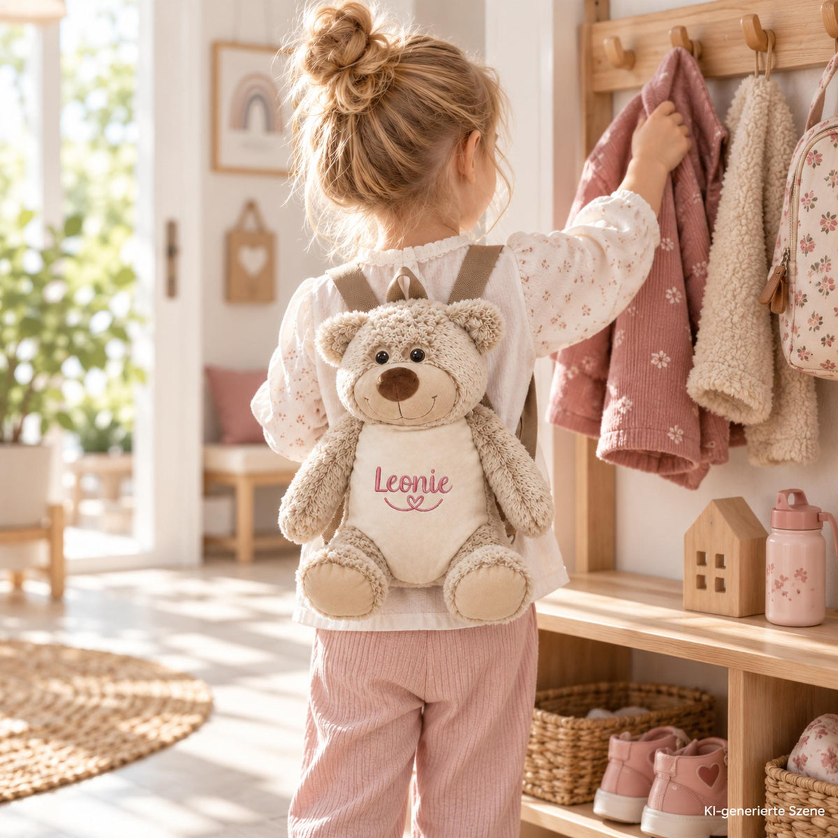 Kindergartenrucksack Bär mit Name Leonie an einem Kind in einer hellen Garderobe für Kinderkrippe und Kindergarten.