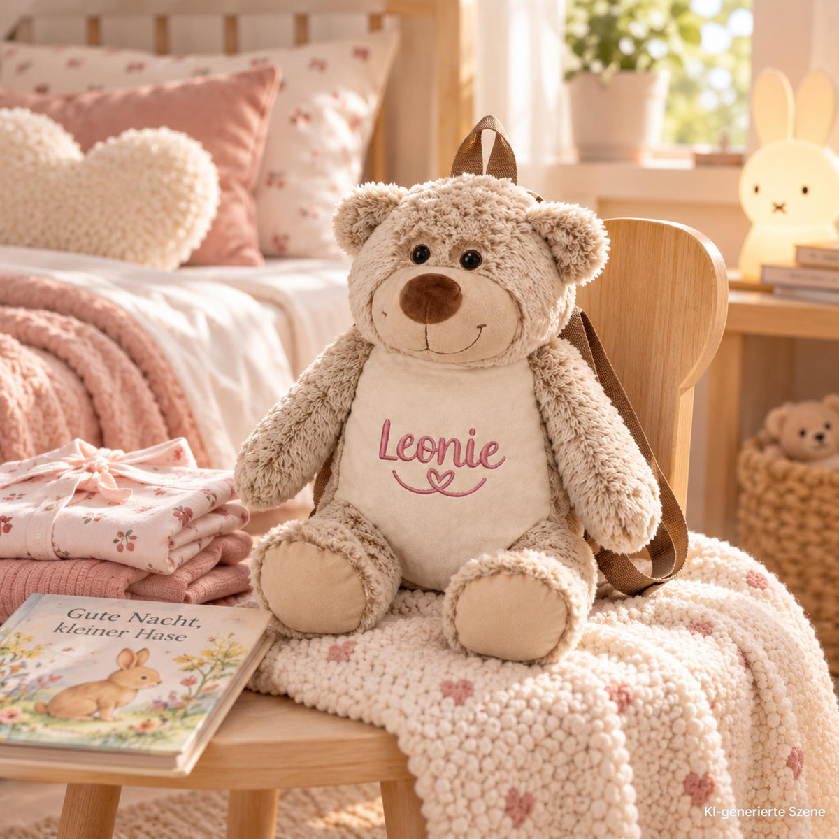 Personalisierter Bärenrucksack mit Name Leonie im Kinderzimmer, geeignet für Kindergarten und Übernachtung bei den Großeltern.