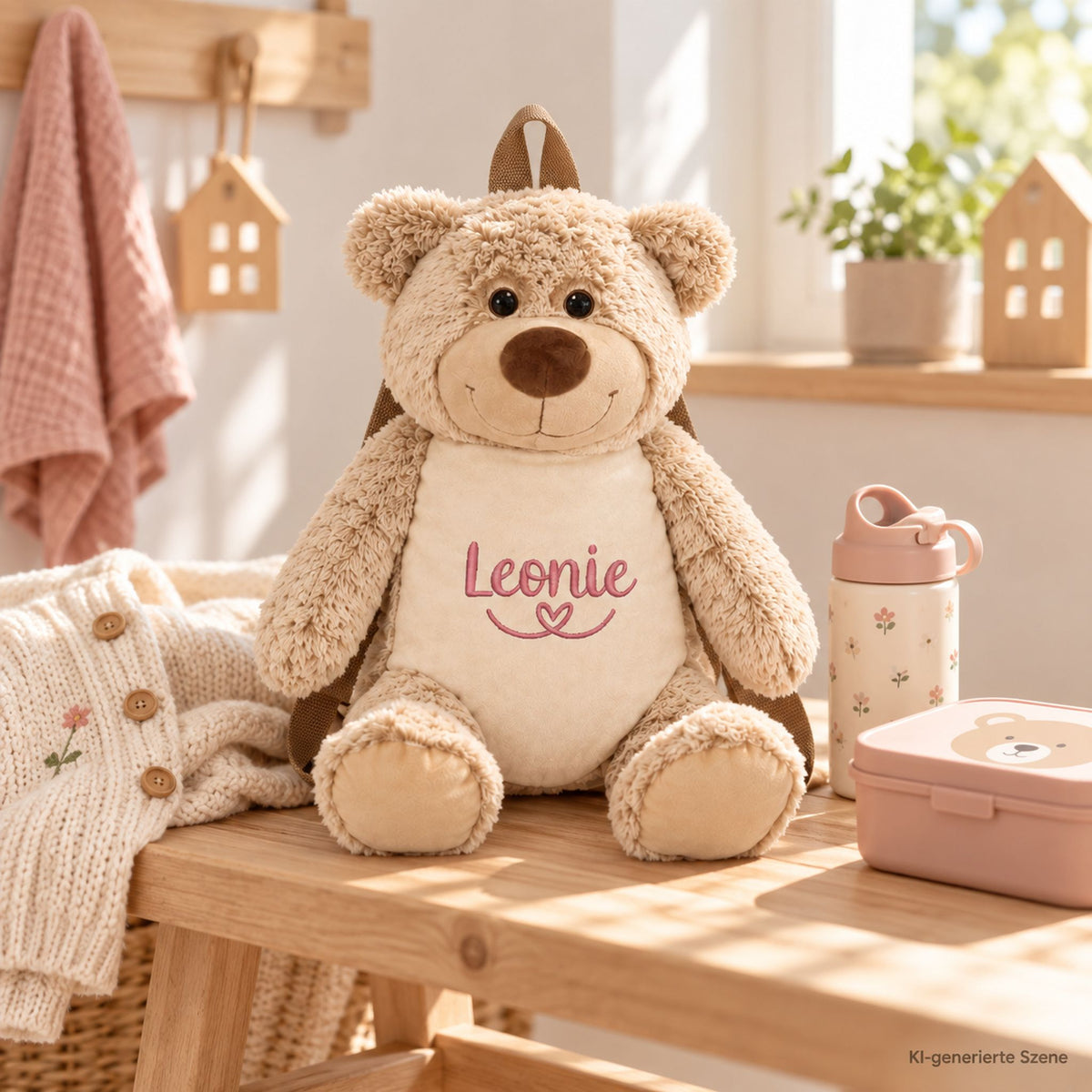 Personalisierter Kindergartenrucksack Bär mit rosa Namensstickerei Leonie und Herzlinie im hellen Kinderzimmer.