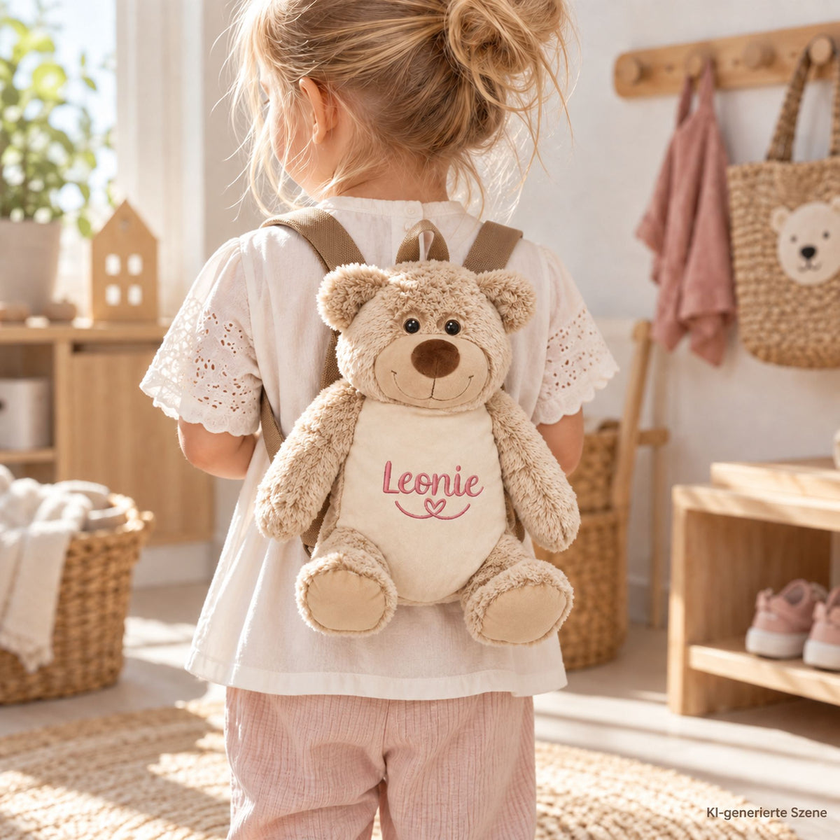 Mädchen trägt personalisierten Kindergartenrucksack Bär mit Name Leonie und rosa Herzlinie.