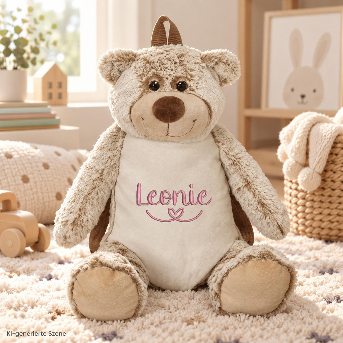 Personalisierter Kindergartenrucksack Bär mit rosa Namensstickerei Leonie und Herzlinie im hellen Kinderzimmer.