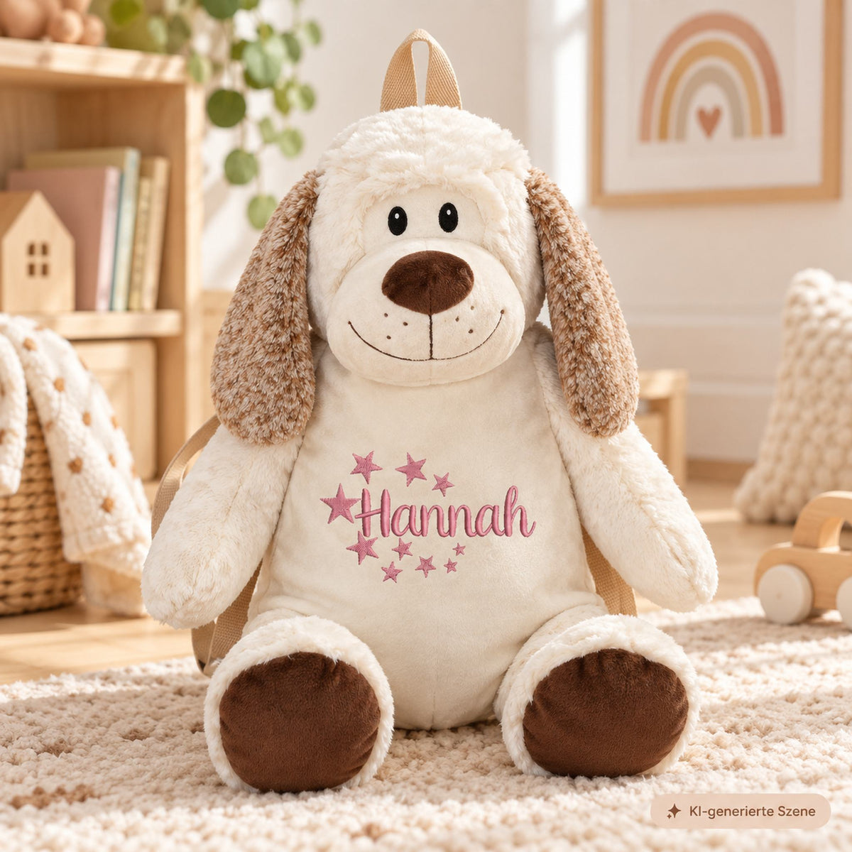 Personalisierter Kindergartenrucksack Hund mit rosa Namensstickerei Hannah und Sternen im hellen Kinderzimmer.