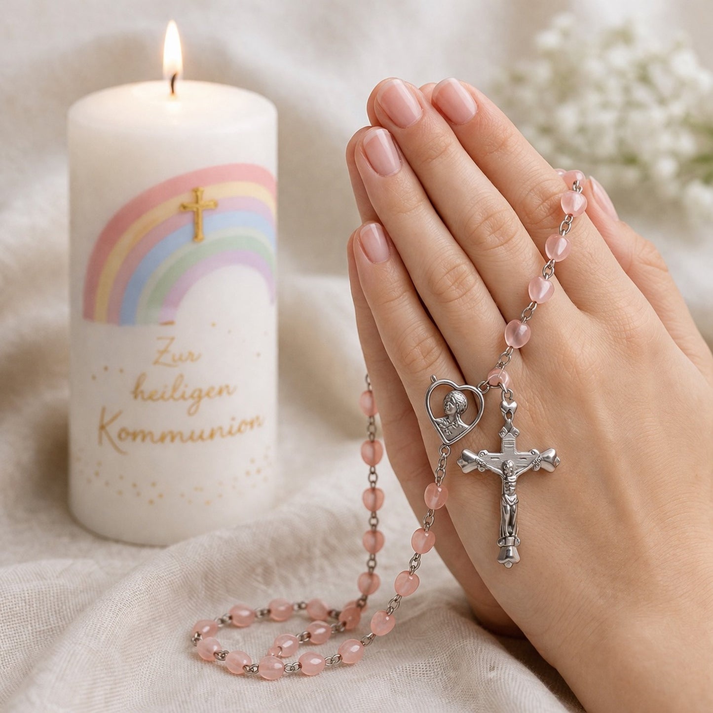 Rosenkranz zur Erstkommunion mit rosa Perlen in Herzform