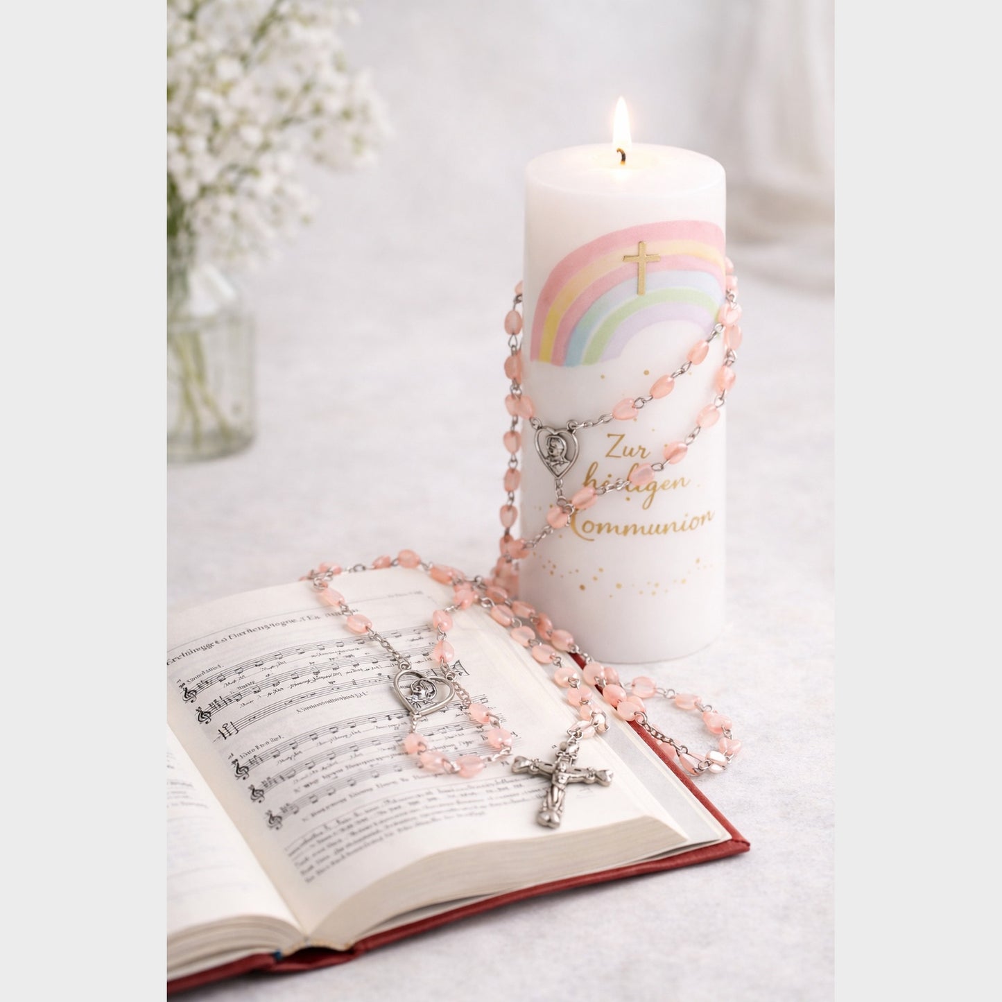 Rosenkranz zur Erstkommunion mit rosa Perlen in Herzform