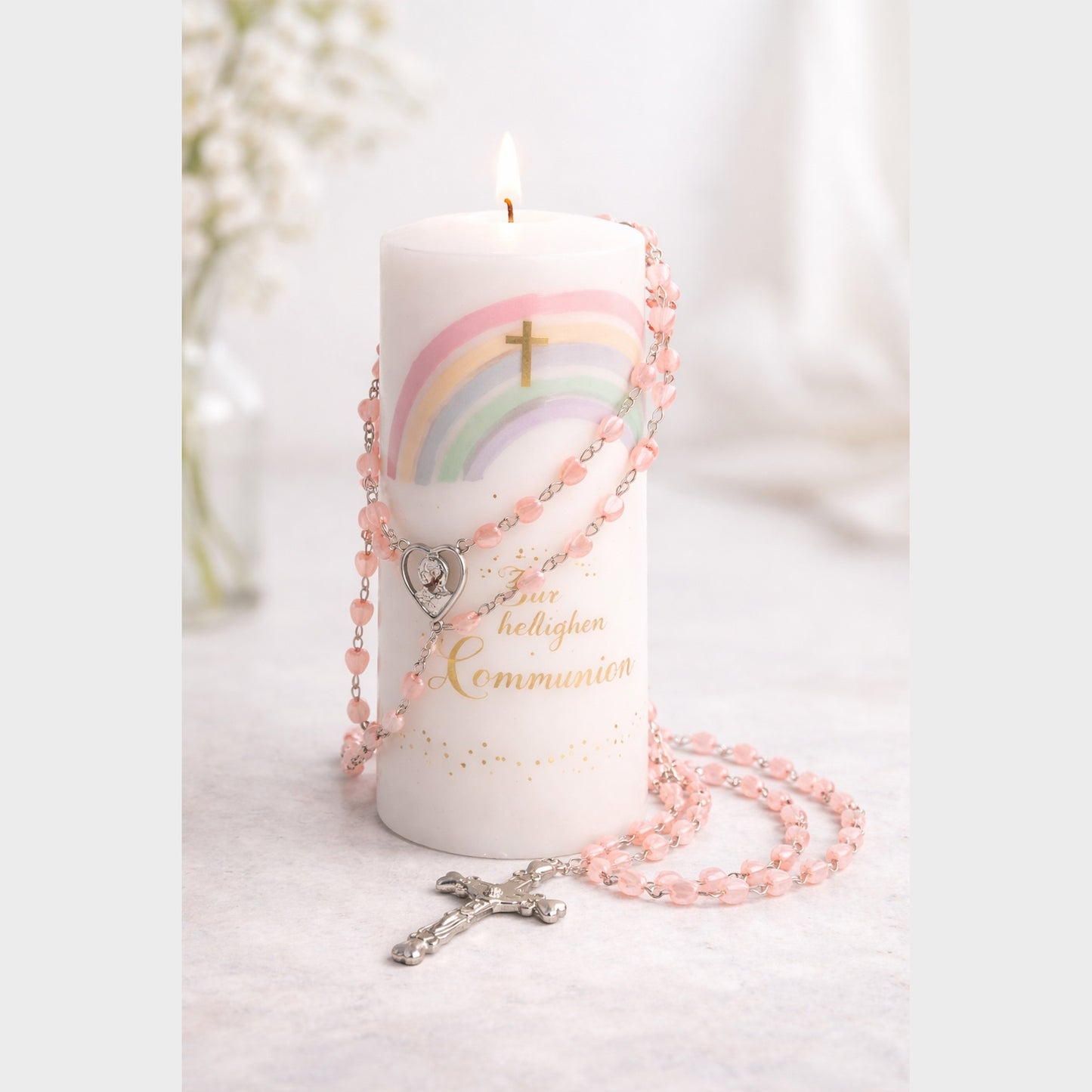 Rosenkranz zur Erstkommunion mit rosa Perlen in Herzform