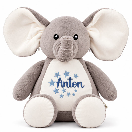 Personalisierter Kuscheltier Elefant mit Name Anton und Sternen – besticktes Stofftier als Geschenk