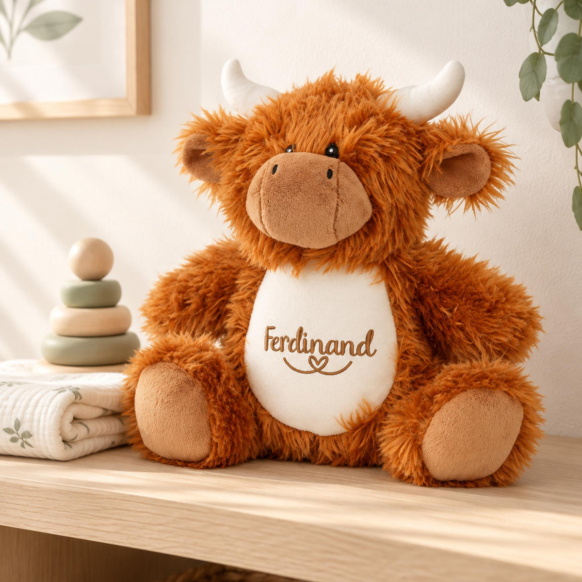 Kuscheltier Hochlandkuh mit Namen Ferdinand im hellen Kinderzimmer als personalisiertes Geschenk