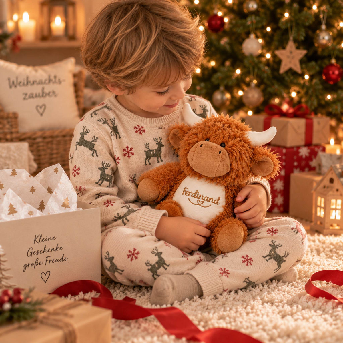 Personalisiertes Kuscheltier Hochlandkuh Ferdinand als Weihnachtsgeschenk für Kinder