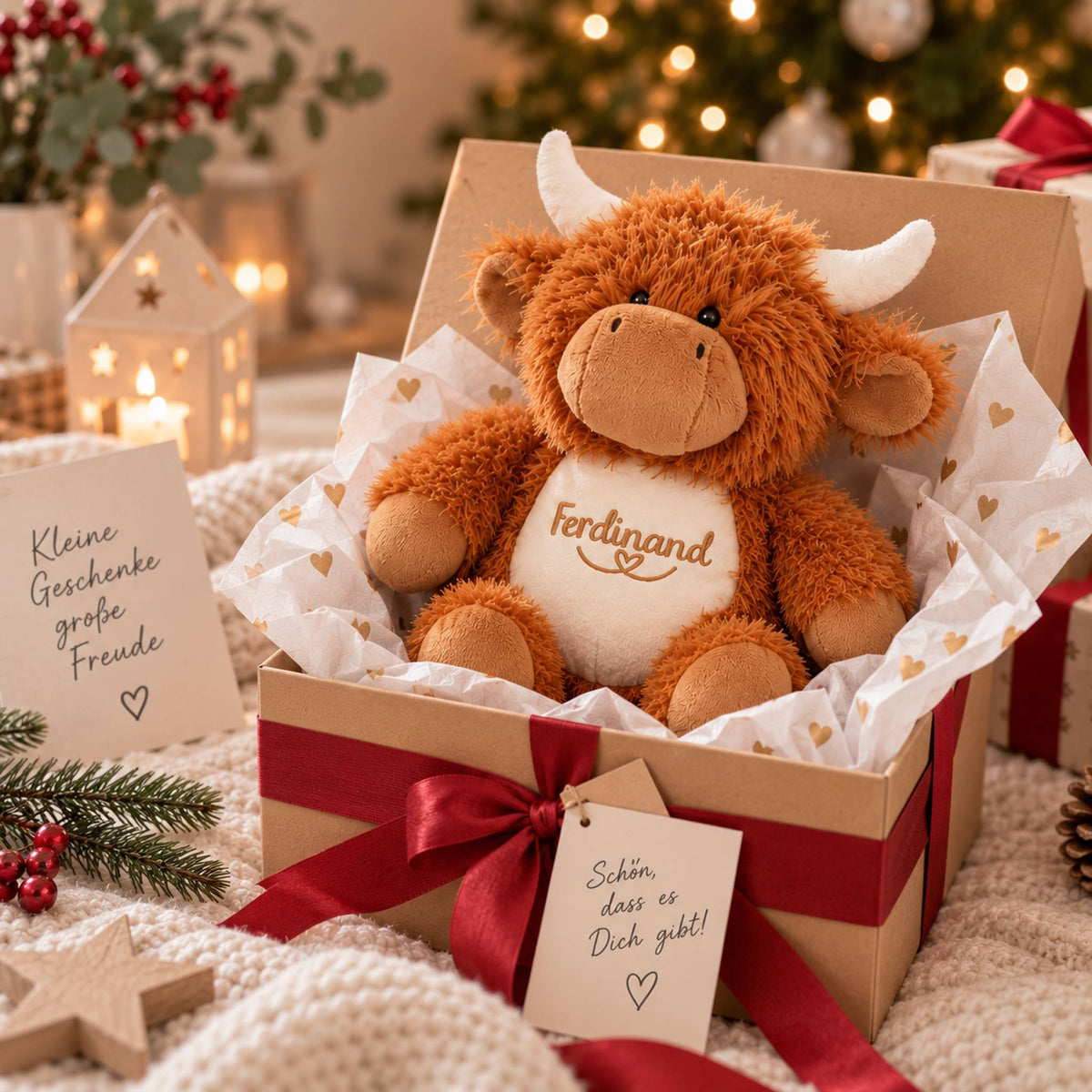 Kuscheltier Hochlandkuh mit Namen Ferdinand in weihnachtlicher Geschenkbox als persönliches Weihnachtsgeschenk