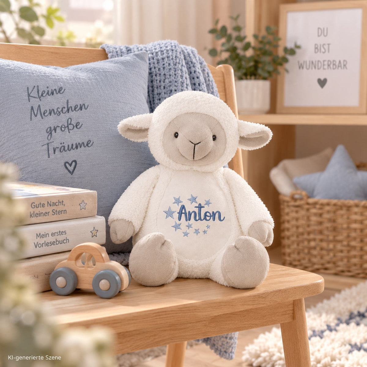 Personalisiertes Kuscheltier Lamm Anton mit blauer Namensstickerei auf Holzbank in Kinderzimmer