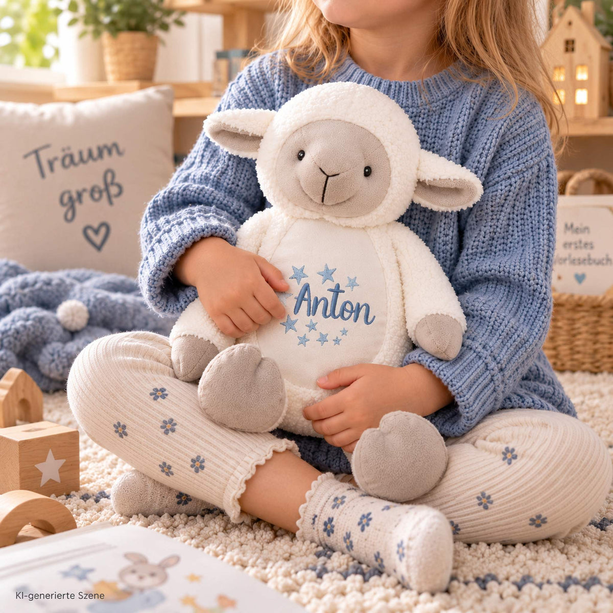 Kind hält personalisiertes Kuscheltier Lamm Anton mit blauer Namensstickerei im Arm