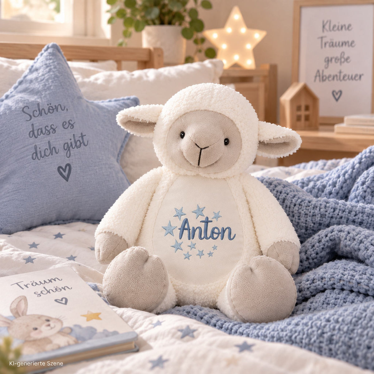 Kuscheltier Lamm mit Namen Anton im Kinderbett als personalisiertes Geschenk für Kinder