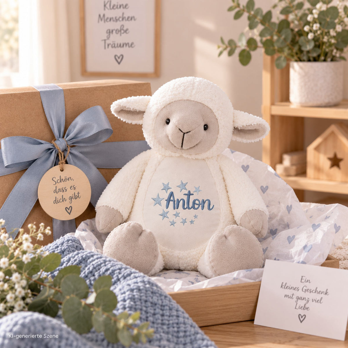 Personalisiertes Lamm mit Name Anton als Geschenk zur Geburt, Taufe oder zum Geburtstag
